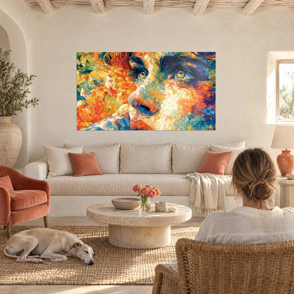 Wall art woman's face with green irises, orange and blue mosaic, above a sofa in a bright living room