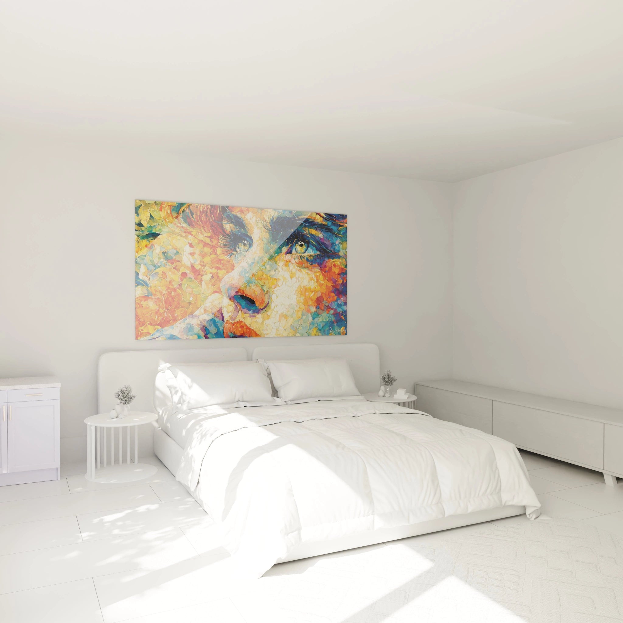 Tableau mural Walensky au dessus du lit dans chambre minimaliste toile noir et blanc option tableau visage féminin pointillisme
