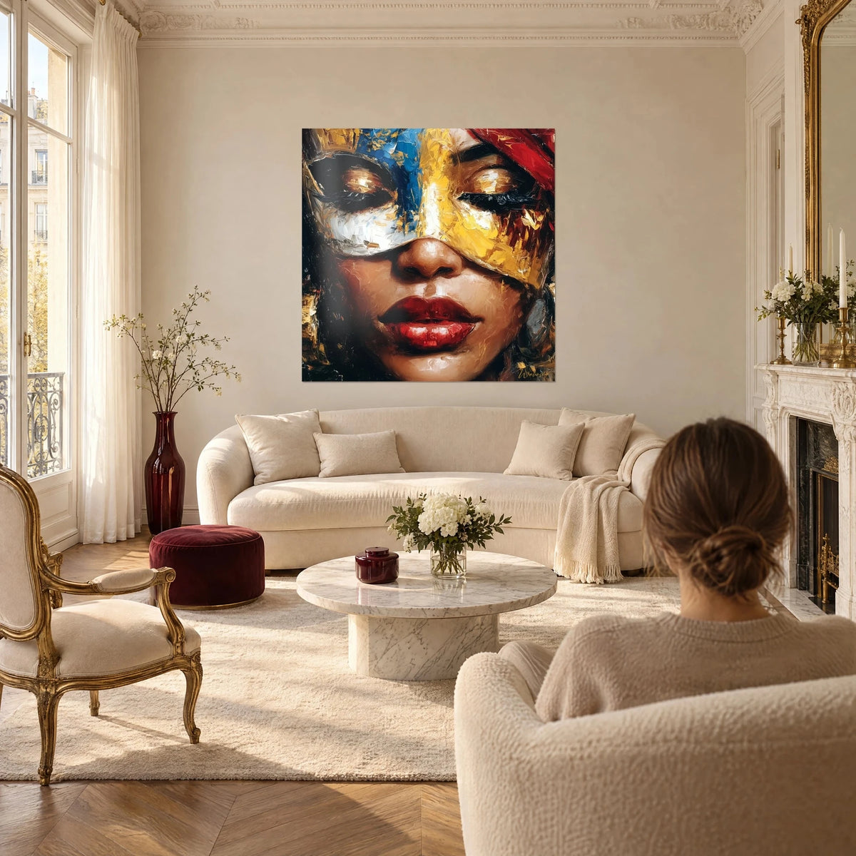 Gemälde Frauengesicht mit geschlossenen Augenlidern, goldgelbe und blaue Maske mit Spachtelauftrag, über einem Sofa in einem hellen Wohnzimmer