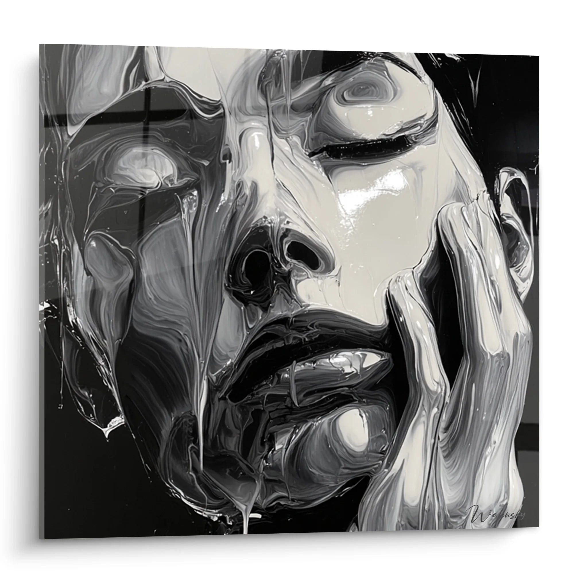 Tableau visage femme abstrait noir et blanc, art moderne mural avec formes fluides expressives