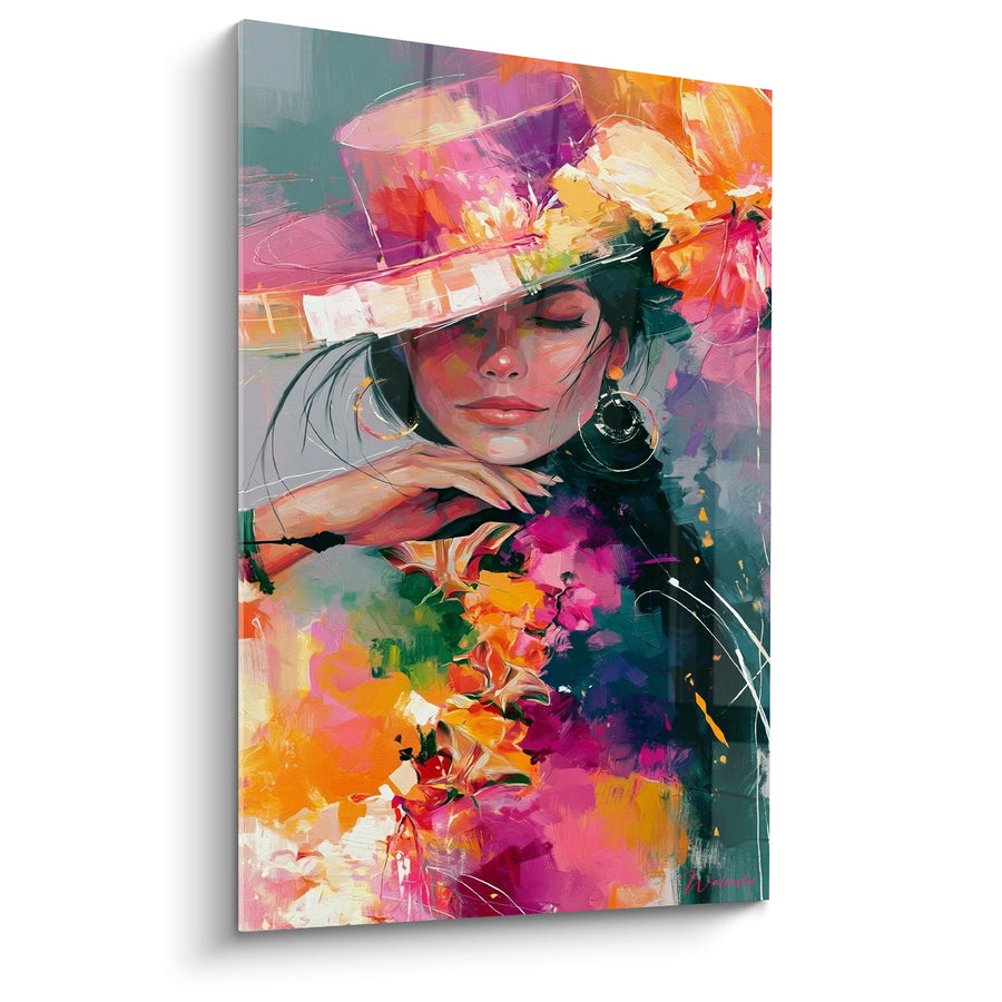 Tableau Femme au chapeau rose et orange fleuri - Créoles noires pendantes - Edition Visage