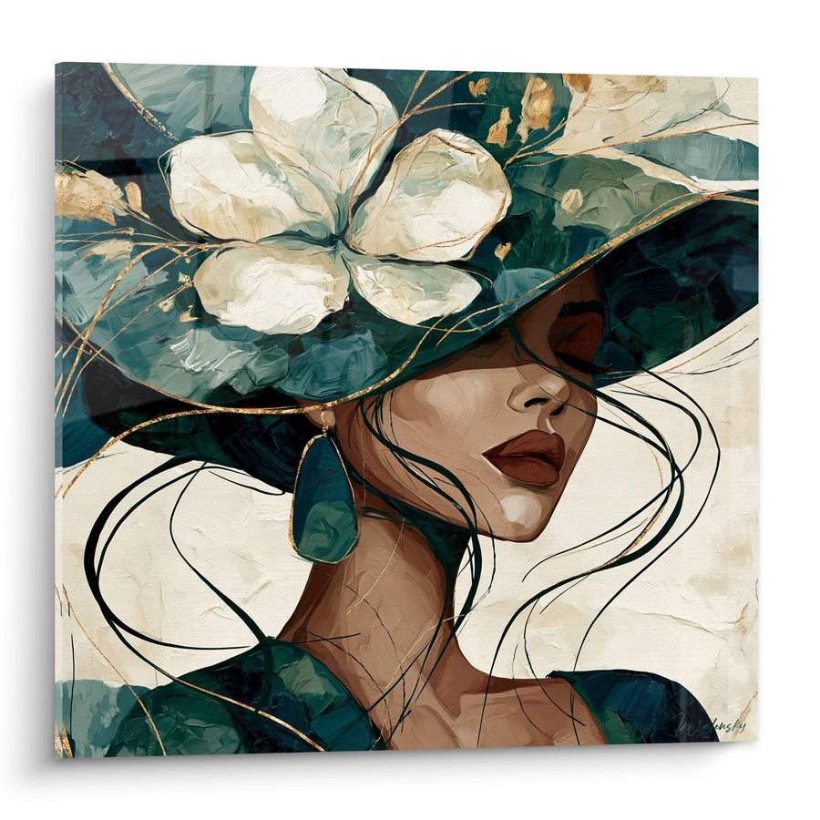Tableau Femme au chapeau vert et blanc fleuri - Boucle d'oreille émeraude - Edition Visage