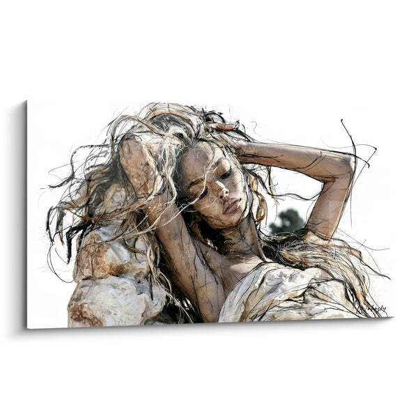Tableau Femme brune aux cheveux dénoués - Abandon délicat - Edition Visage