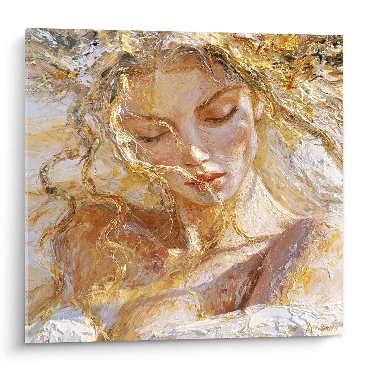 Visage féminin aux cheveux dorés et yeux clos, texture picturale riche en ocre et blanc cassé