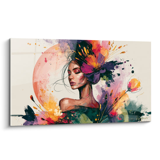 Tableau Femme au profil orange et violet fleuri - Rêverie florale - Edition Visage