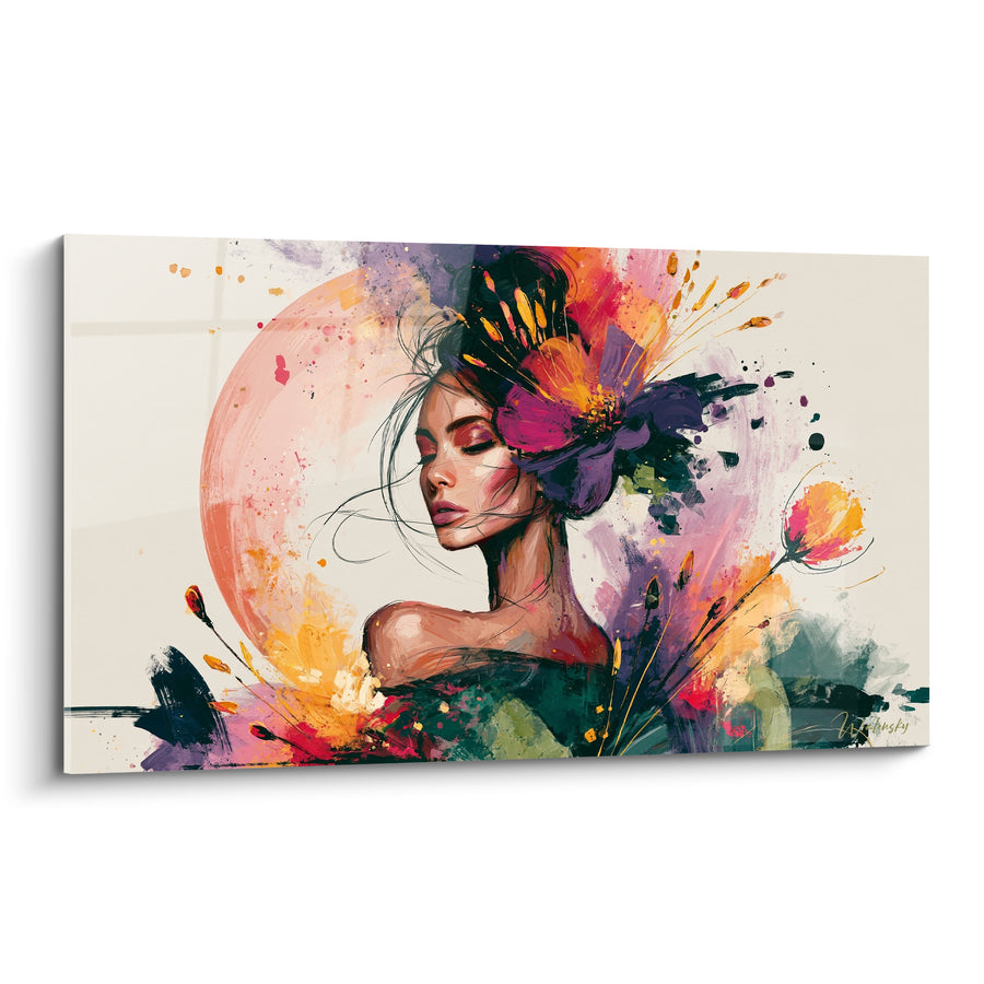Tableau Femme au profil orange et violet fleuri - Rêverie florale - Edition Visage