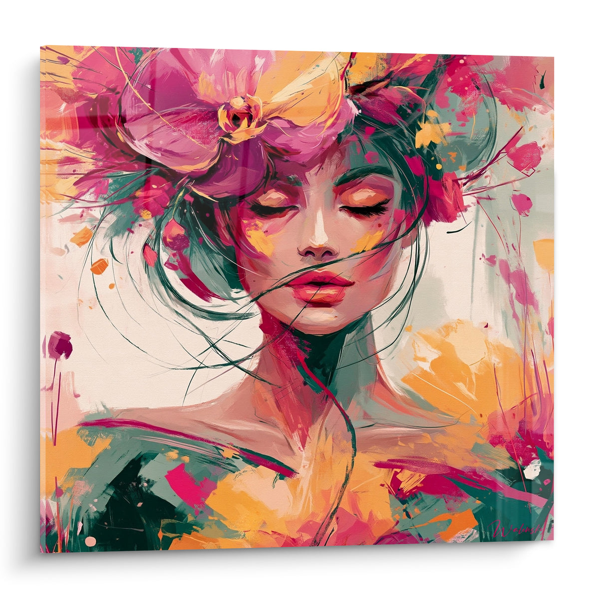 Visage féminin aux yeux clos, fleurs roses et jaunes, touches de vert émeraude, style pictural expressif