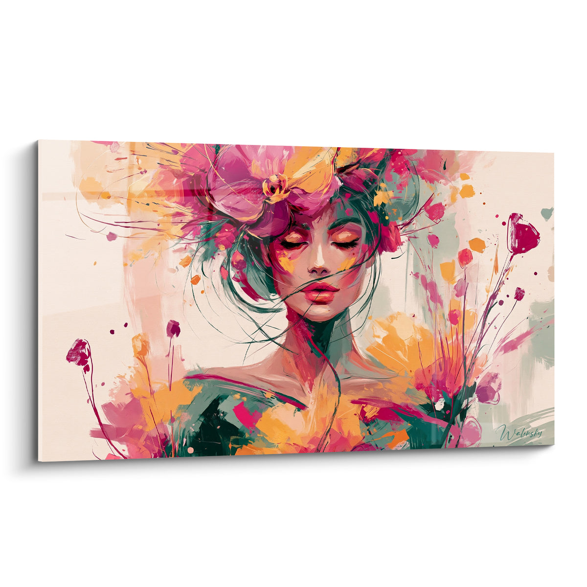 Visage aux yeux clos couronné de fleurs roses et safran sur fond ivoire, style aquarelle