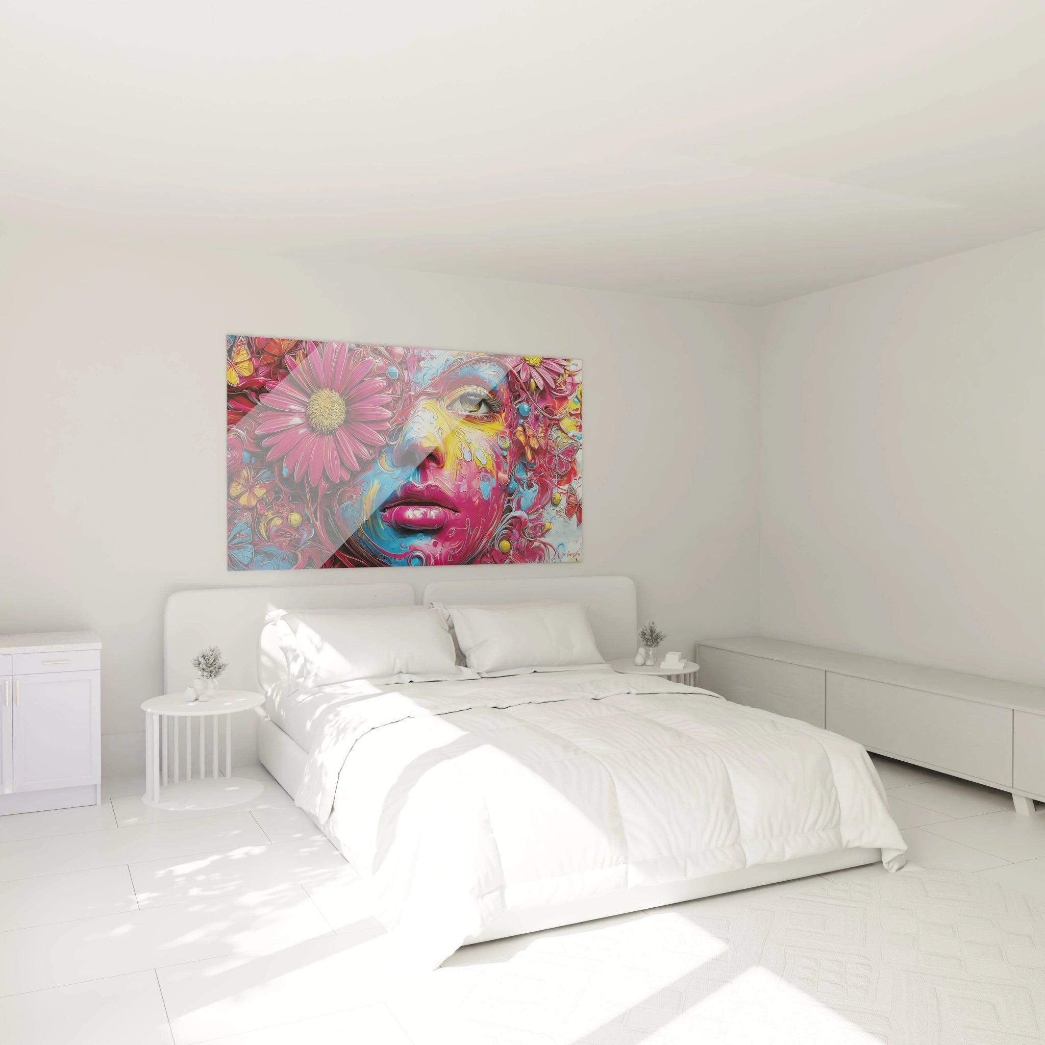 Tableau décoratif femme floral psychédélique dans chambre moderne ambiance colorée art mural contemporain