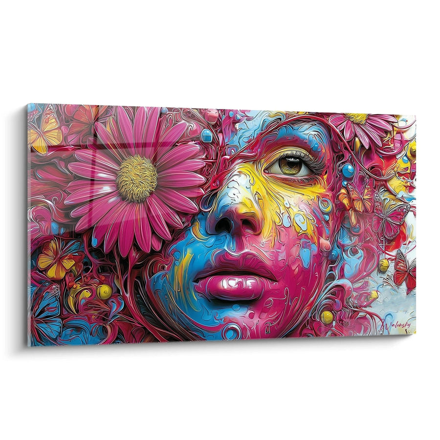 Tableau visage femme floral - Explosion de couleurs psychédélique - édition couleur en folie