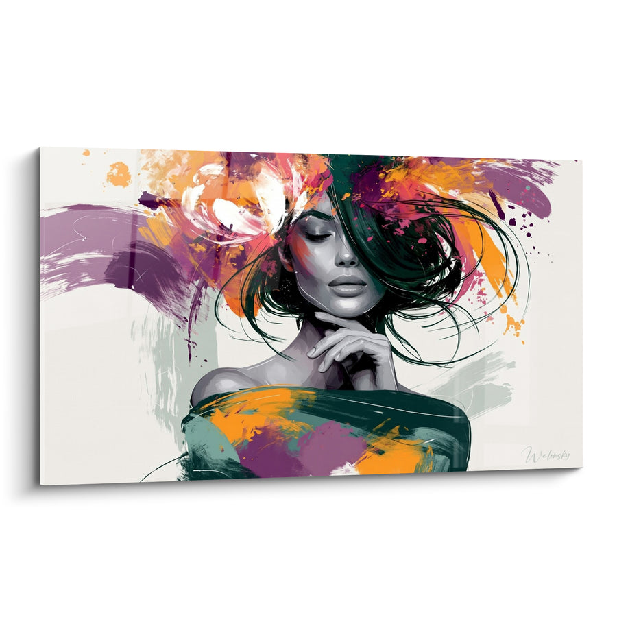 Tableau Femme grise aux touches orange et violettes - Rêverie éclatante - Edition Visage