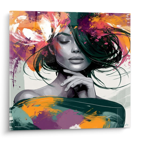 Tableau Femme grise aux éclats orange et violets - Rêverie suspendue - Edition Visage