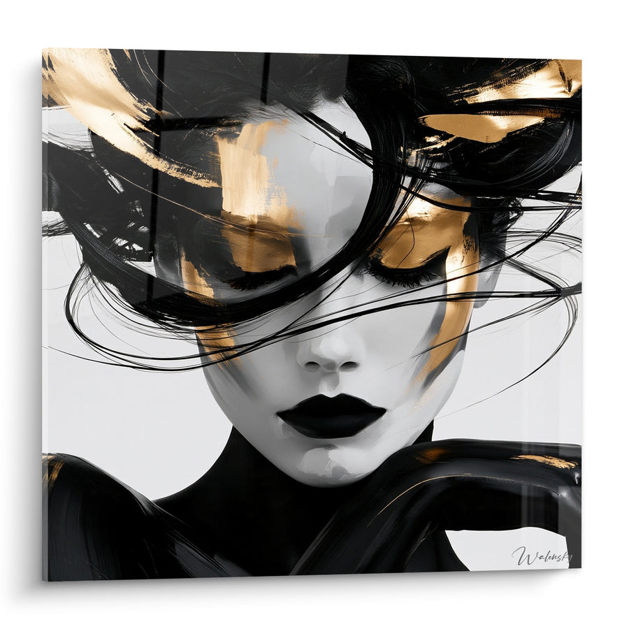 Tableau Visage noir et doré aux lèvres sombres - Épaule dénudée graphique - Edition Visage