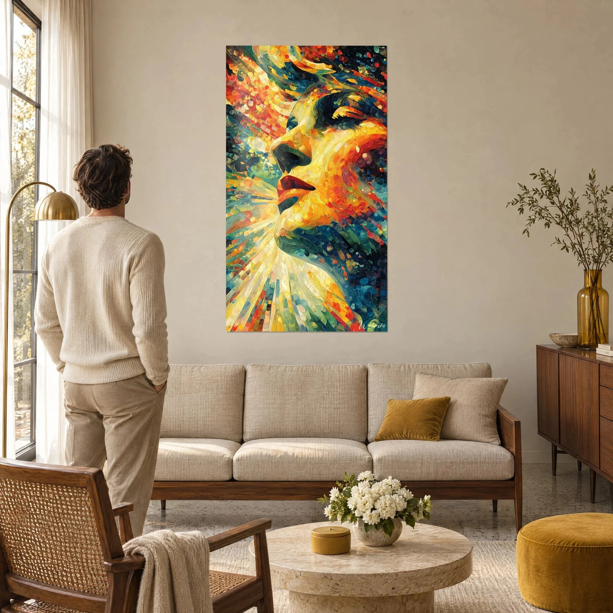 Schilderij profiel van een vrouw in oranje en turquoise pointillisme, een man van achteren bewondert het boven een bank in een lichte woonkamer