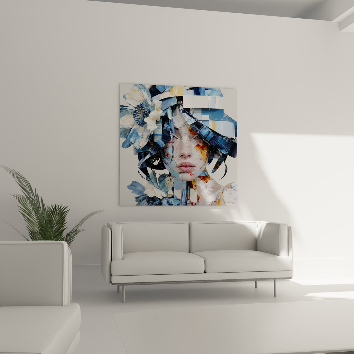 Fragments bleu marine et pétales blancs d'un visage peint au-dessus d'un canapé dans un salon lumineux