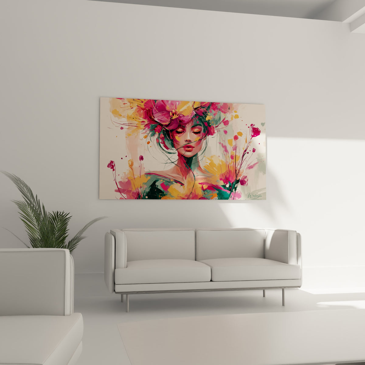 Femme fleurie en tons roses et verts sauge, au-dessus d'un canapé dans un salon lumineux