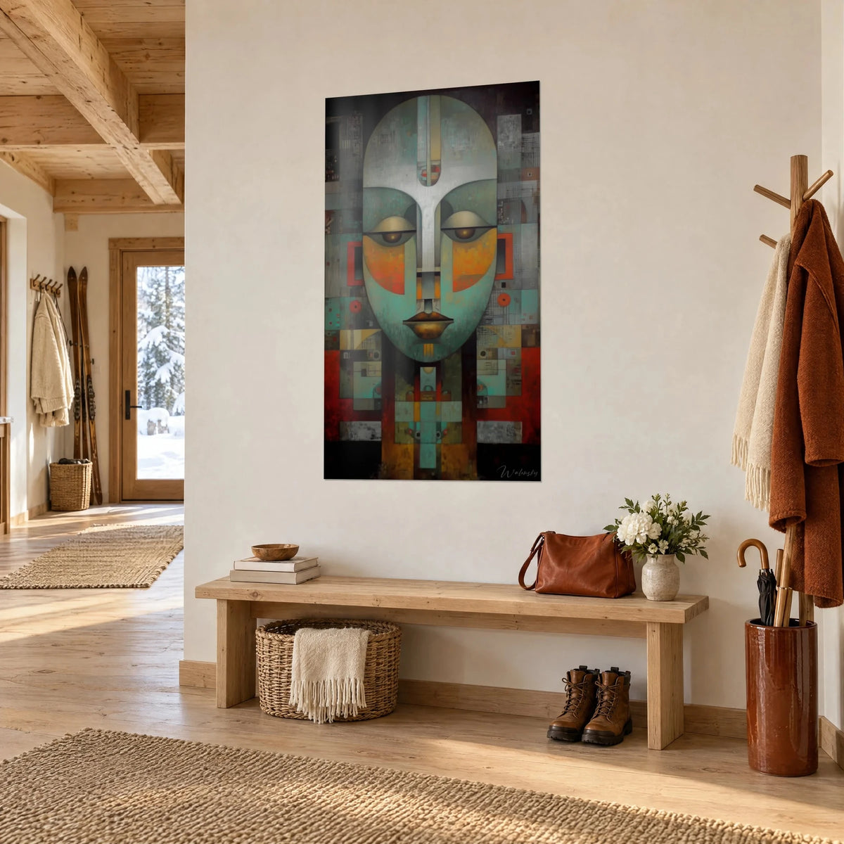 Tableau visage ovale totémique, nez blanc en croix, mosaïque de carrés rouille et vert-de-gris, vue de trois-quarts dans l'entrée du chalet