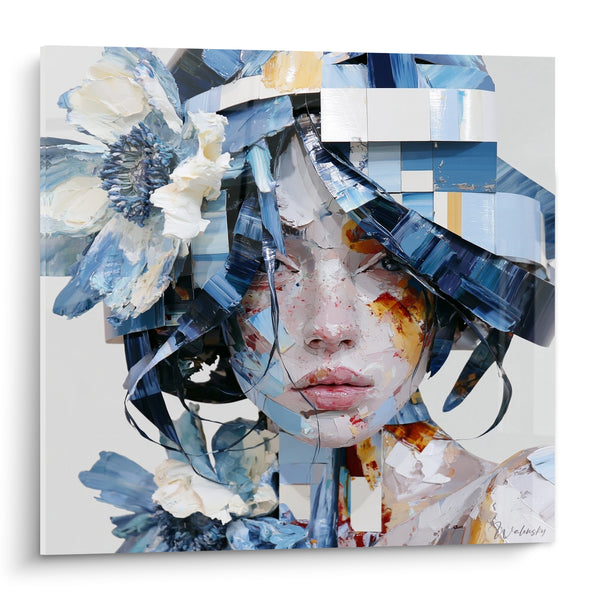 Tableau Visage fragmenté aux fleurs bleues et blanches - Fragments de mémoire - Edition Visage