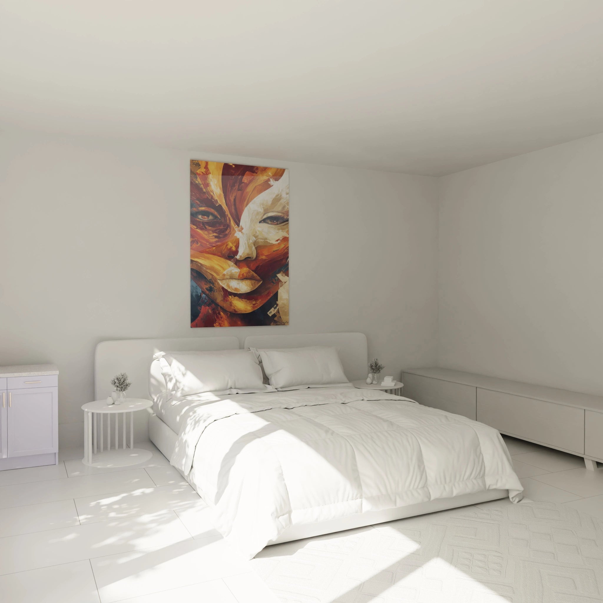 Tableau visage fragmenté art africain de Walensky sur le mur d'une chambre lumineuse et moderne