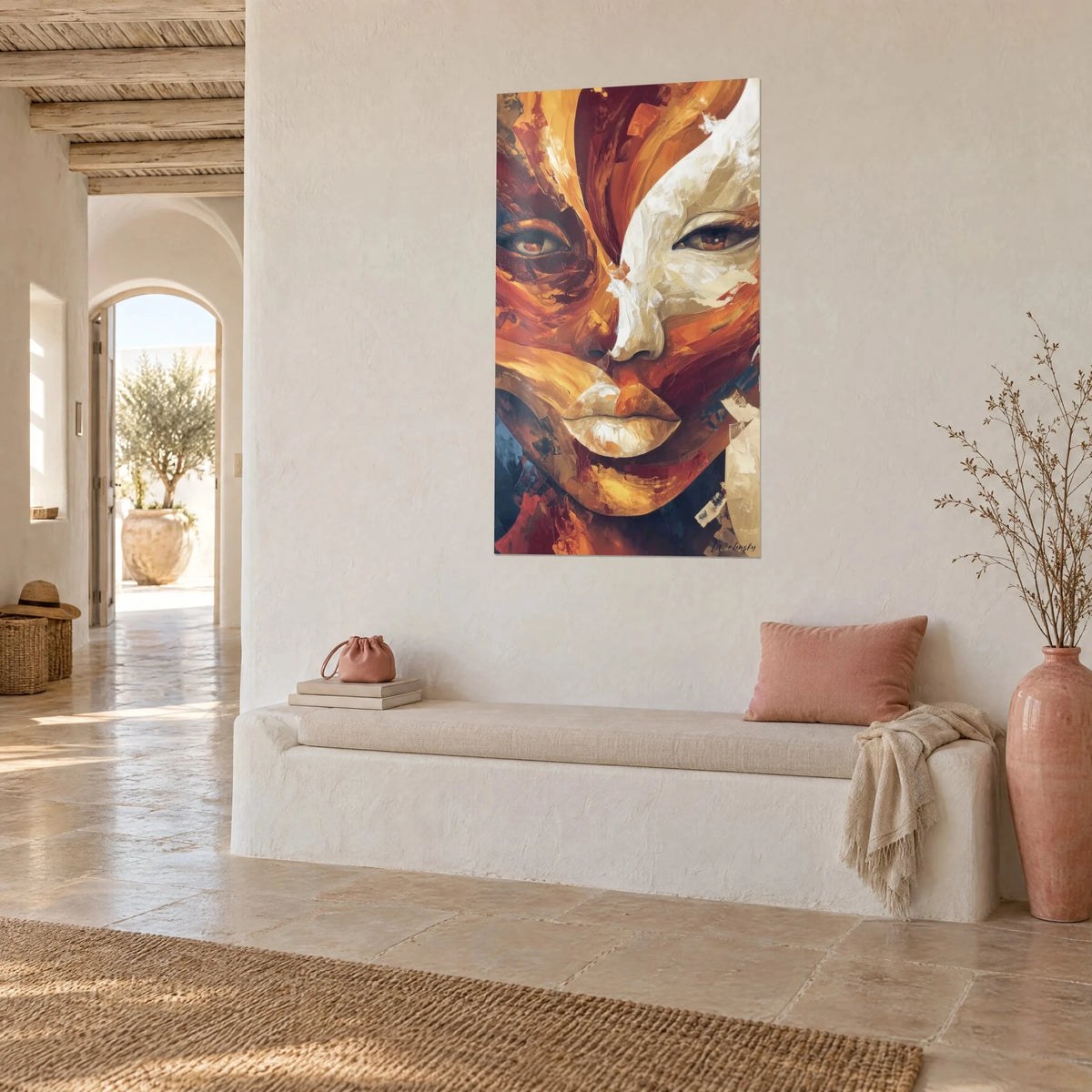 Gemälde afrikanische Maske in rostbraunen und elfenbeinfarbenen Messerstrichen, große braune Augen, dreiviertel Ansicht an einer gekalkten weißen Wand
