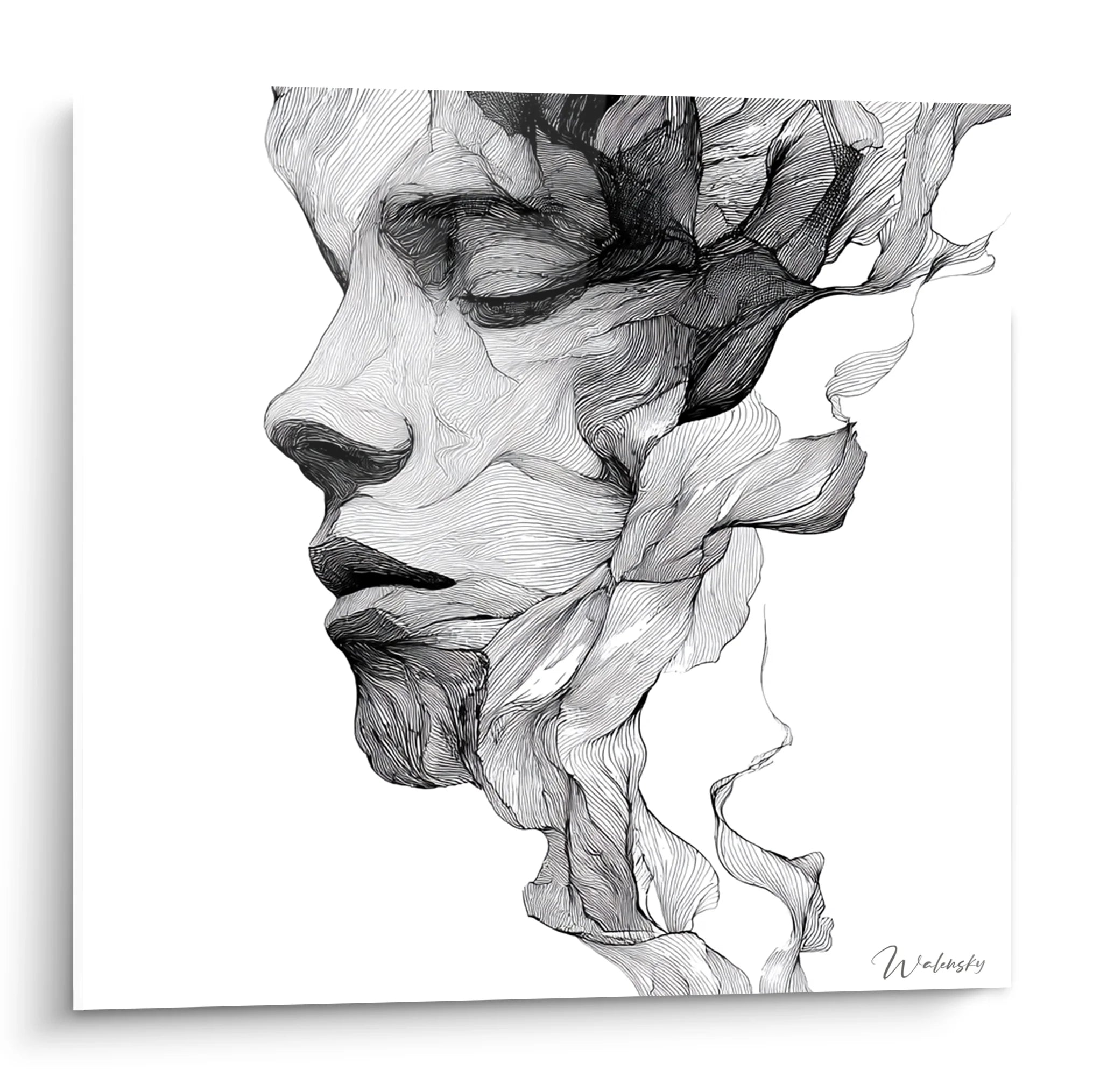 Tableau visage fragmenté noir et blanc, portrait artistique moderne se transformant en pétales organiques