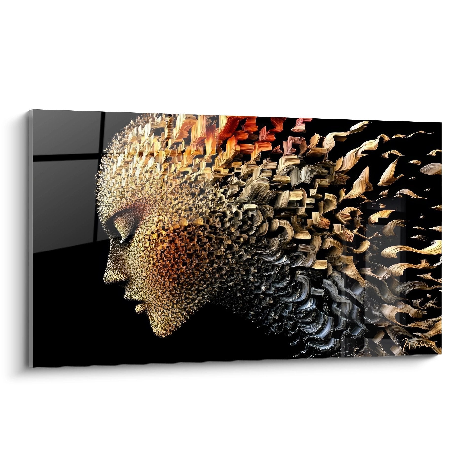 Tableau mural visage fragmenté en pixels dorés art figuratif abstrait moderne