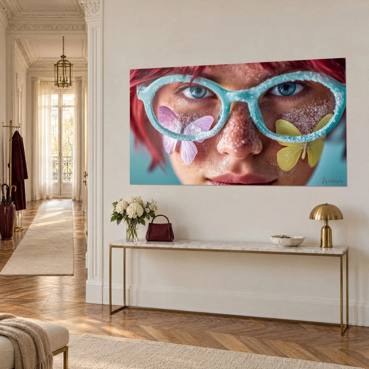 Gemälde durchdringender blauer Blick hinter einer vereisten Fassung, lila und blassgelber Schmetterling, an einer cremefarbenen Haussmann-Wand