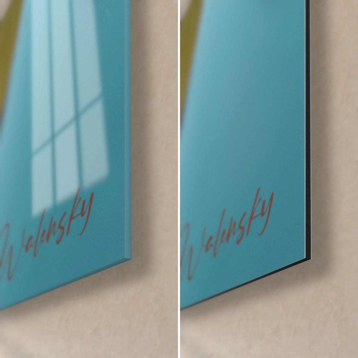 Gemälde Porträt mit türkisfarbenen Brillen, untere rechte Ecke: glänzendes Acrylglas links, matincludes Dibond rechts, 3 mm Kante