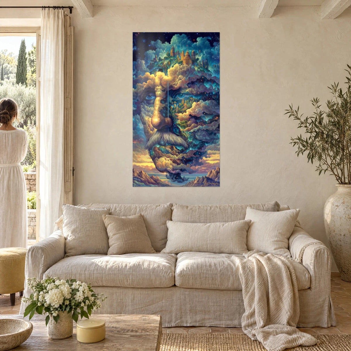 Gemälde Wolkengesicht mit goldenen Städten, Nachtblau und Ocker, über einem Sofa in einem hellen Wohnzimmer