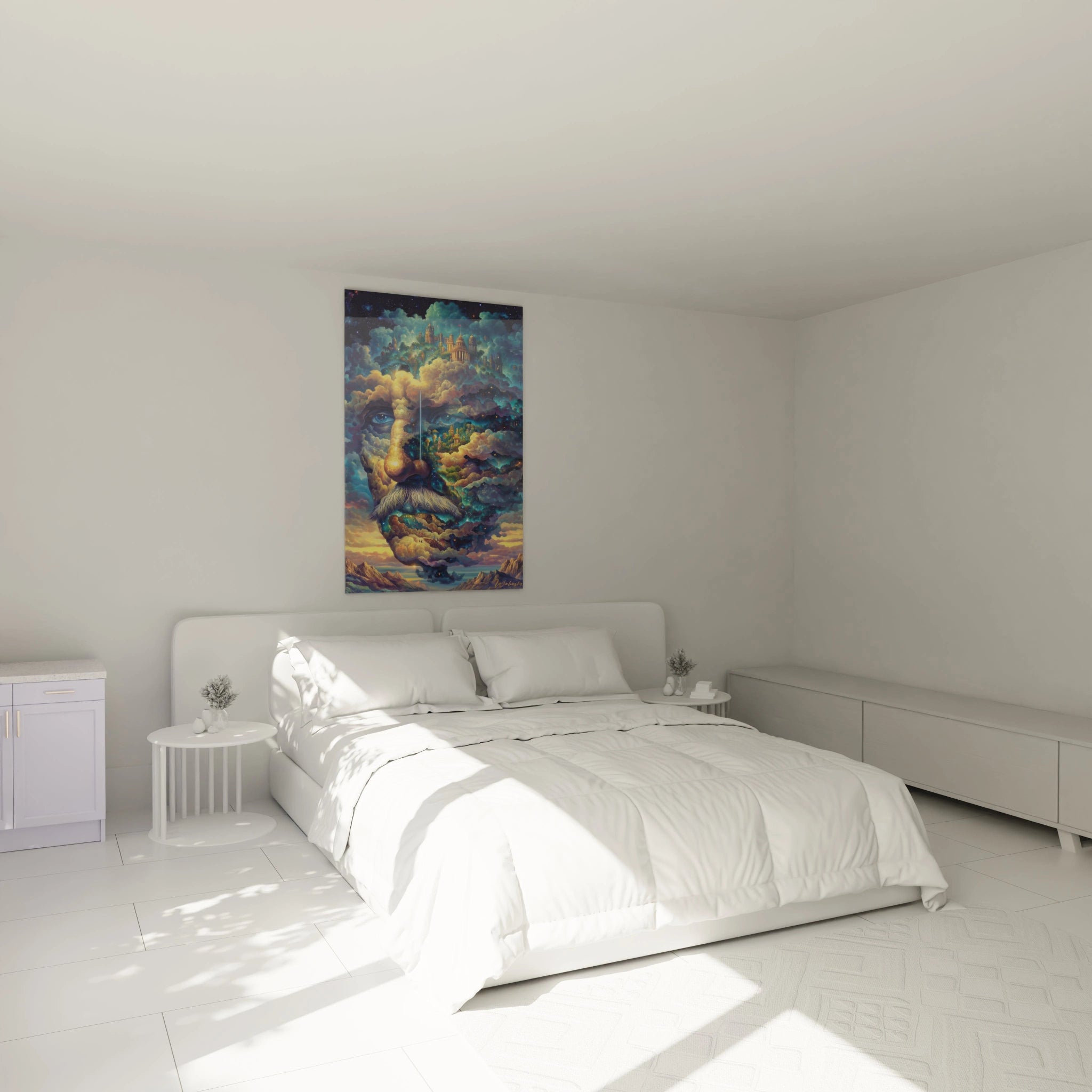 tableau surréaliste galaxie Walensky accroché au dessus d un lit blanc minimaliste dans une chambre lumineuse