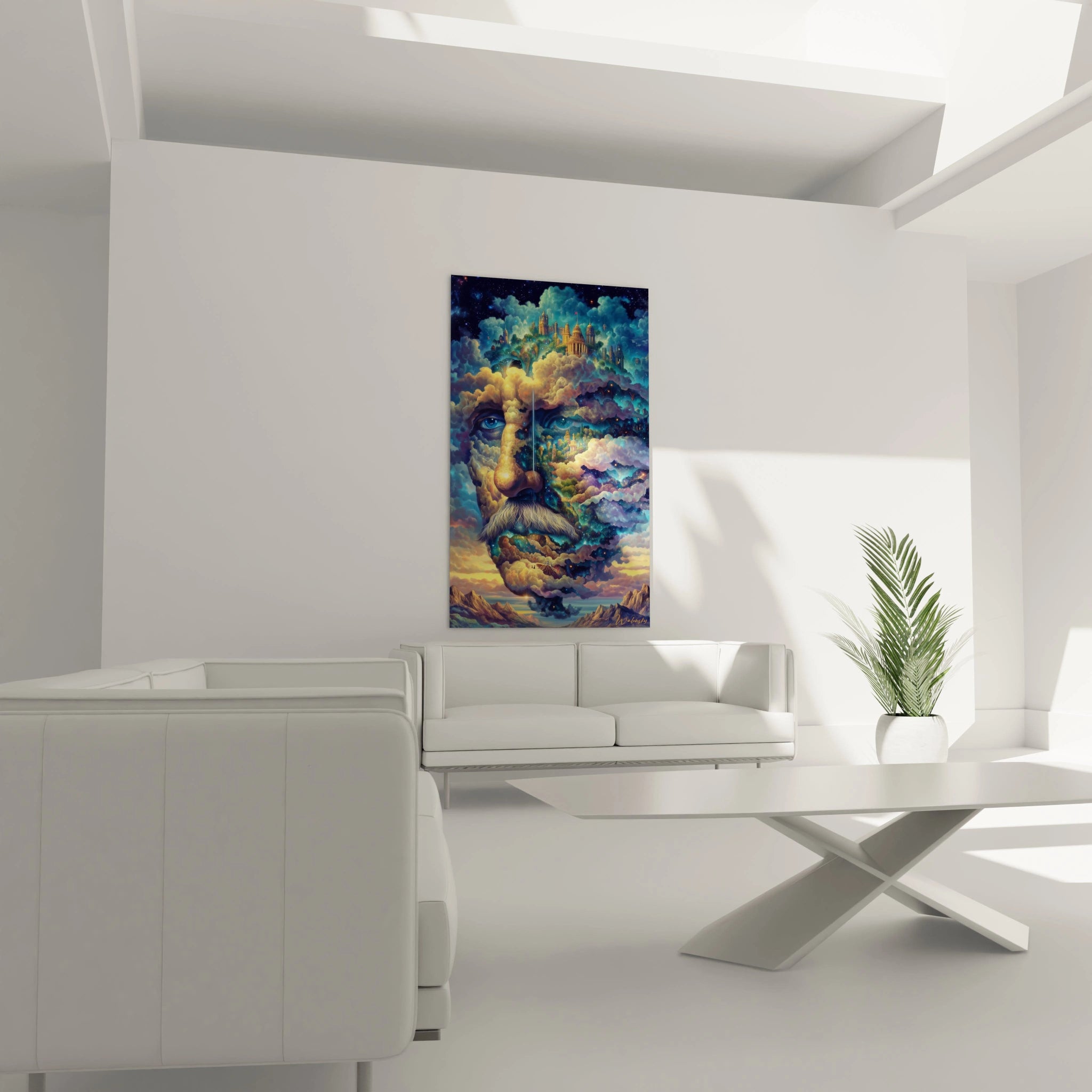 tableau surréaliste galaxie Walensky représentant un visage céleste coloré sur toile murale dans salon blanc minimaliste