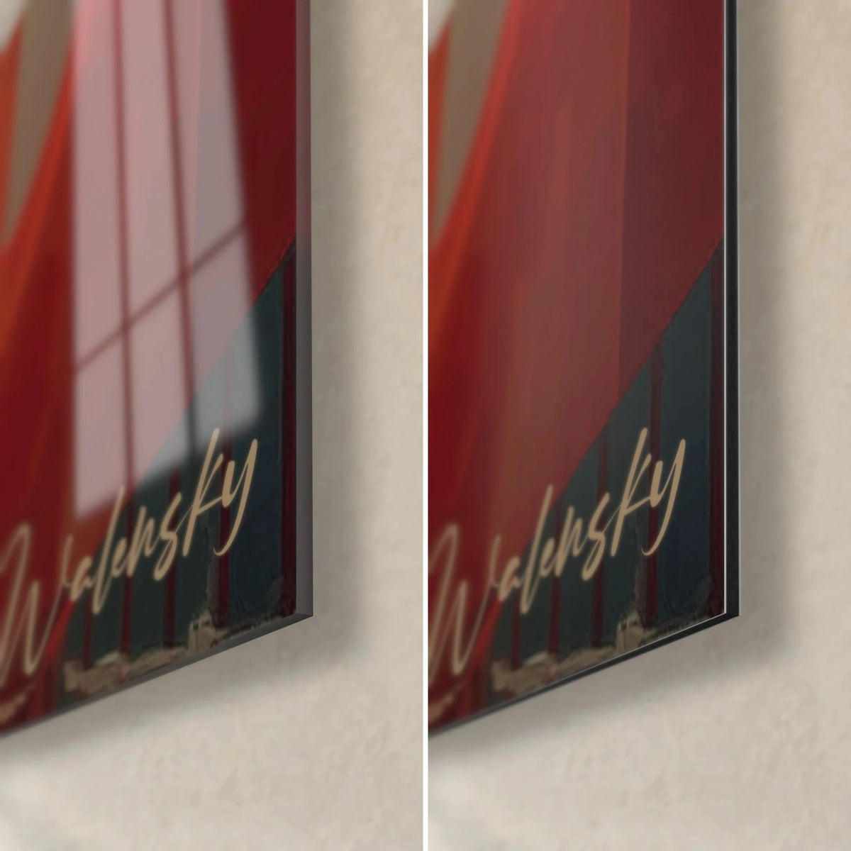 Wall art geometric portrait in red and slate blue, bottom right corner: glossy glass reflecting the window, matte Dibond, 3 mm edge