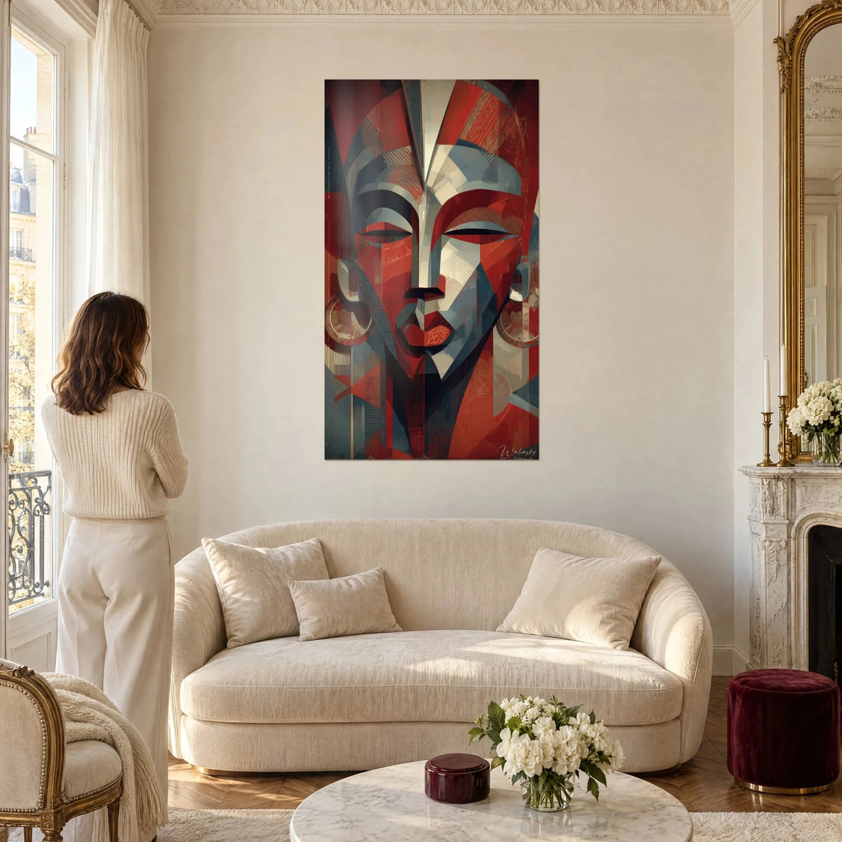 Wall art stylized African mask with brick red and grey-blue facets, face with closed eyelids, above a sofa in a bright living room