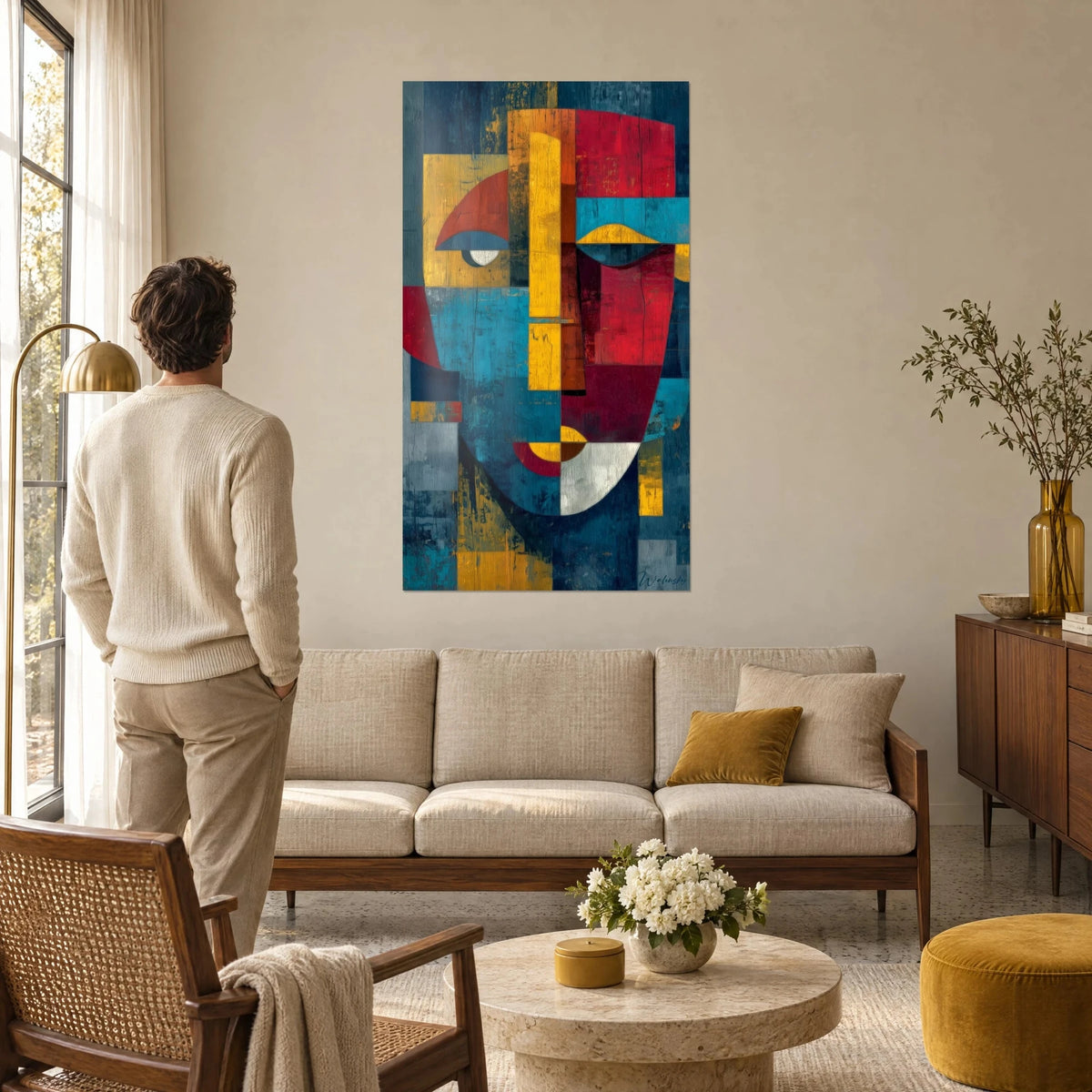 Wall art cubist African mask in flat carmine red and duck blue, mustard yellow nose, above a sofa in a bright living room