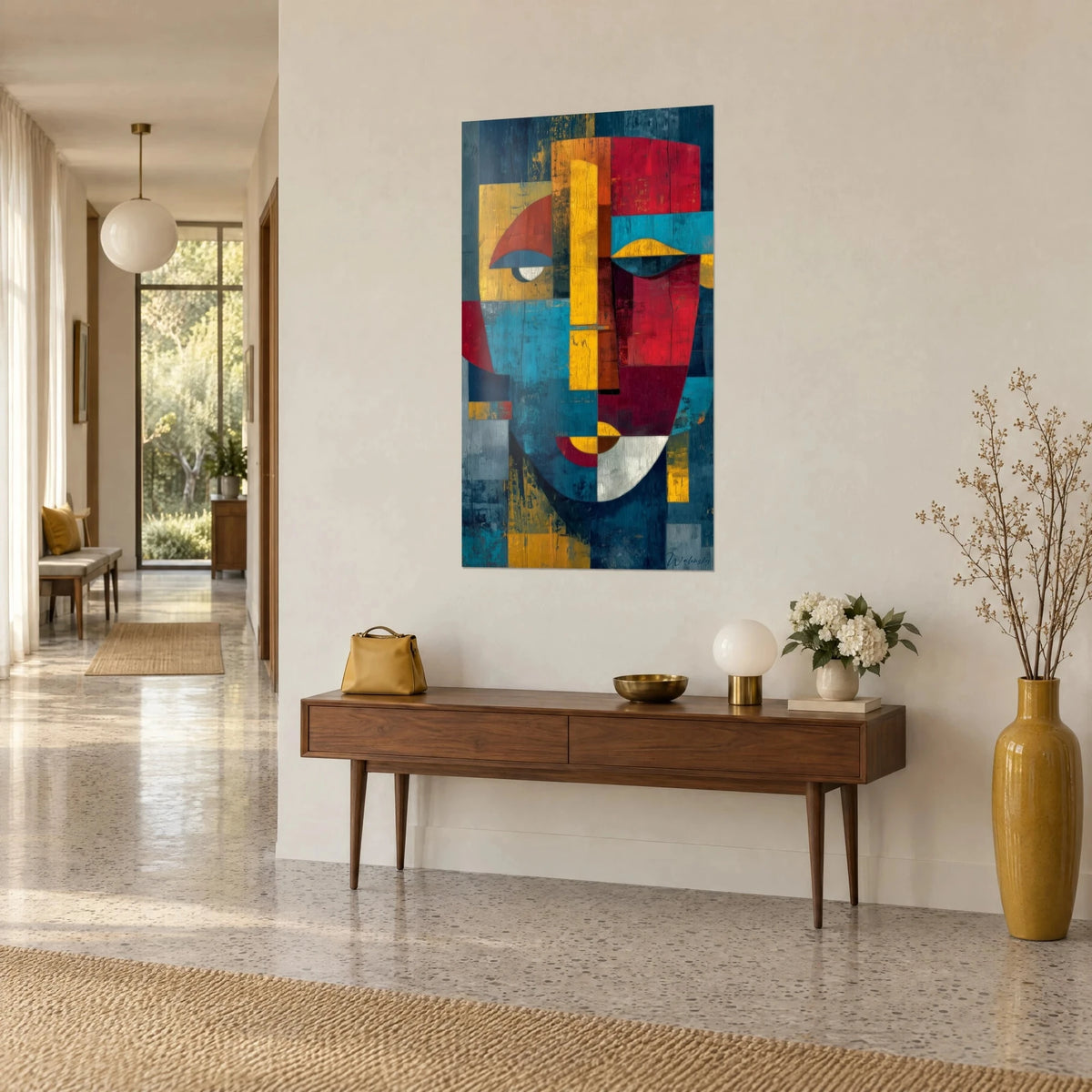 Wall art stylized face with ochre, burgundy and turquoise facets, white eye outlined in blue, on a bright hallway wall