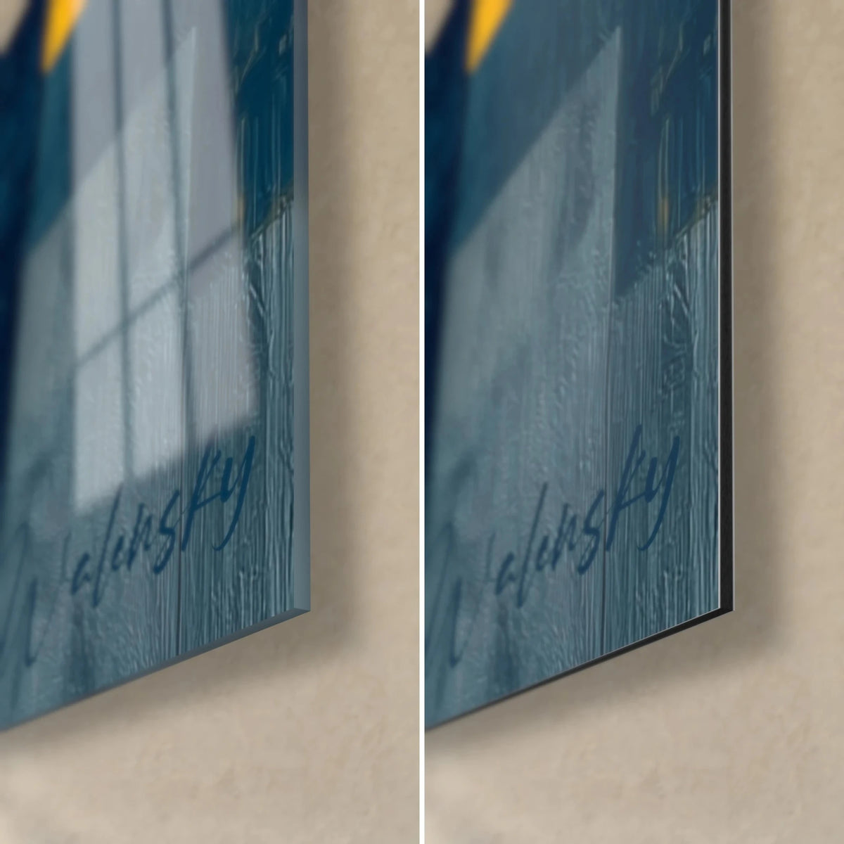 Wall art geometric face in midnight blue and golden yellow, glossy glass corner bottom right and matte Dibond, 3 mm edge visible