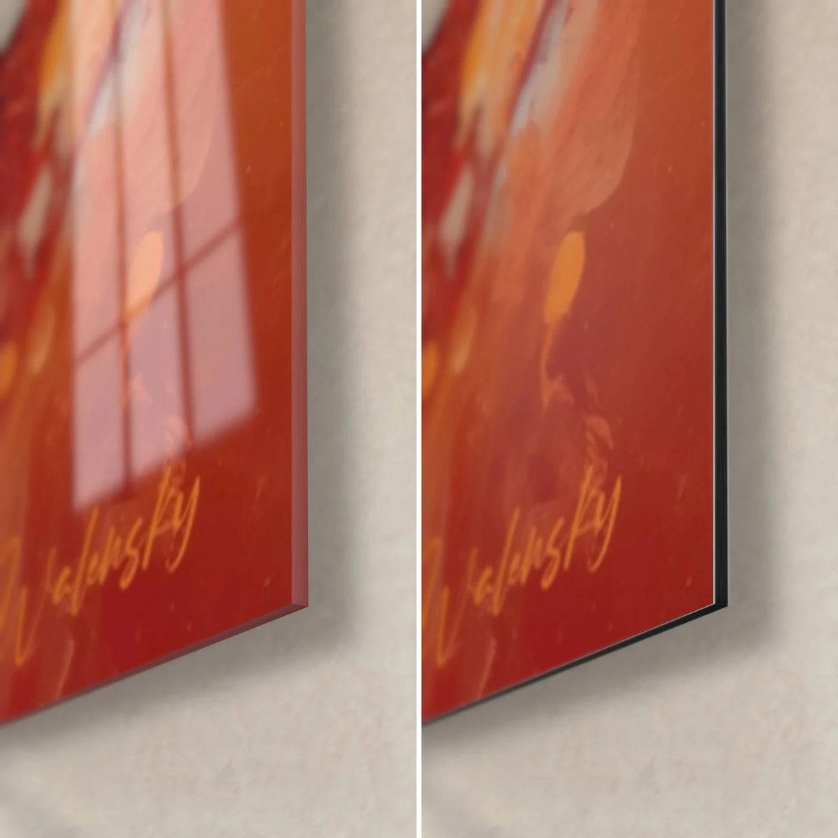 Wall art red and ochre face, bottom right corner in glossy glass reflecting a window, gold signature, black Dibond edge