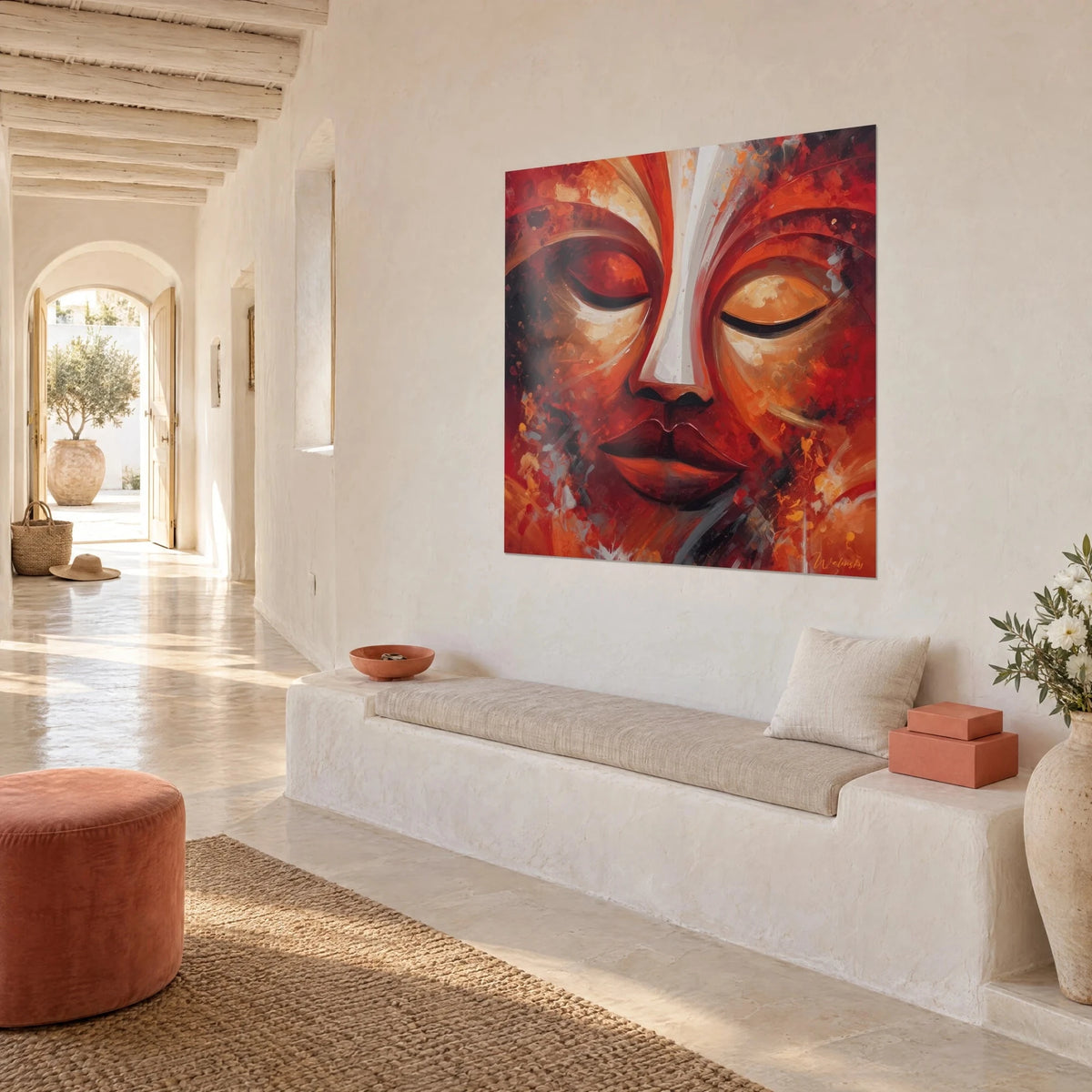 Wall art sculpted face with orange and ivory brushstrokes, white nose, hung on the wall of a Mediterranean house