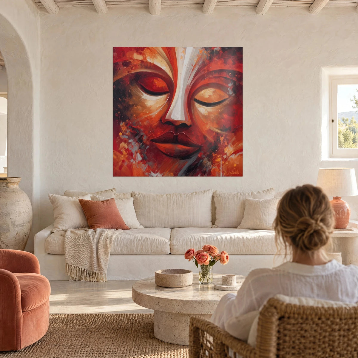 Wall art African mask with closed eyelids, brick red and cream white, above a sofa in a bright living room