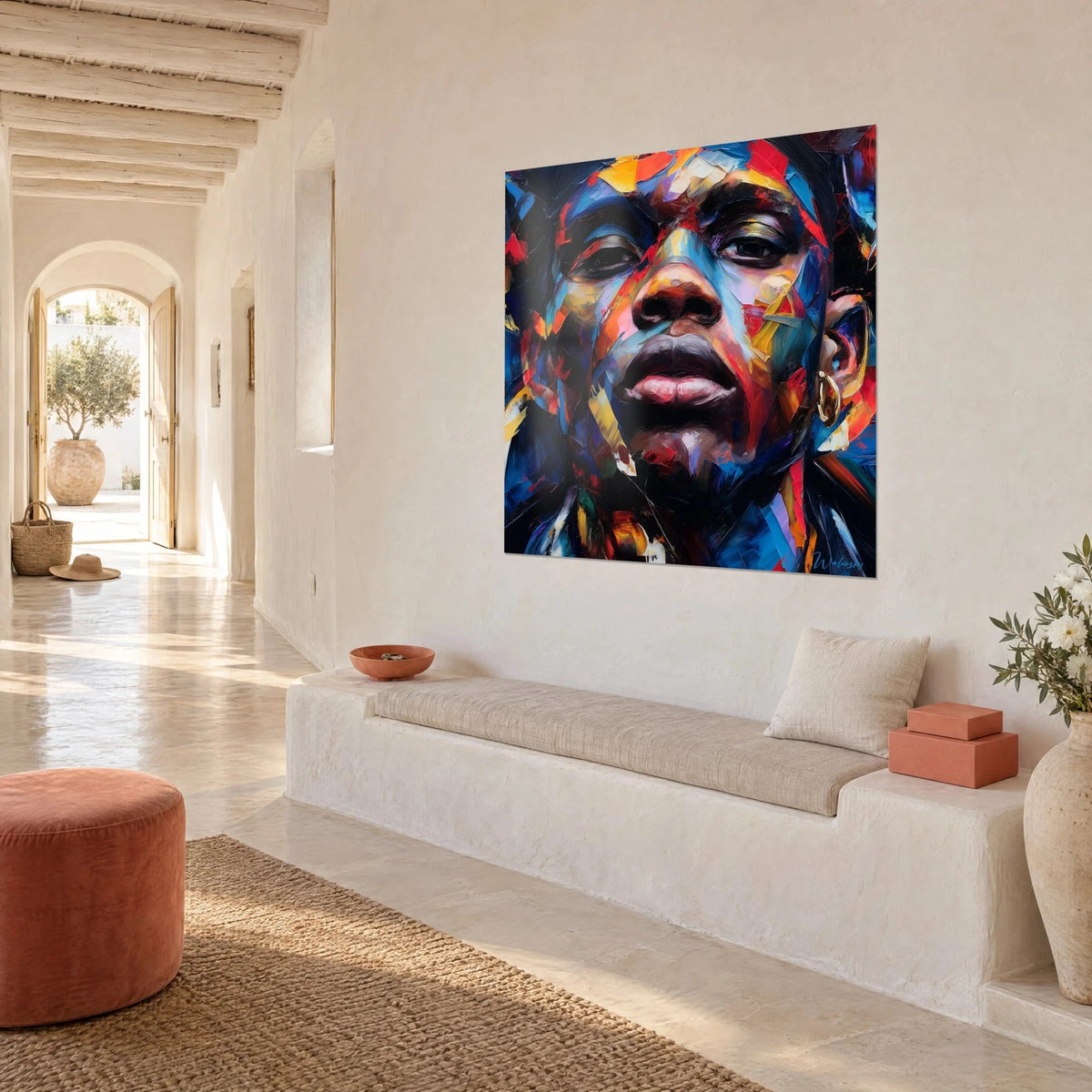 Gemälde afrikanisches Gesicht in orangefarbenen und türkisfarbenen Spachtelstrichen, dunkler Blick und goldener Ring, mediterrane weiße Wand