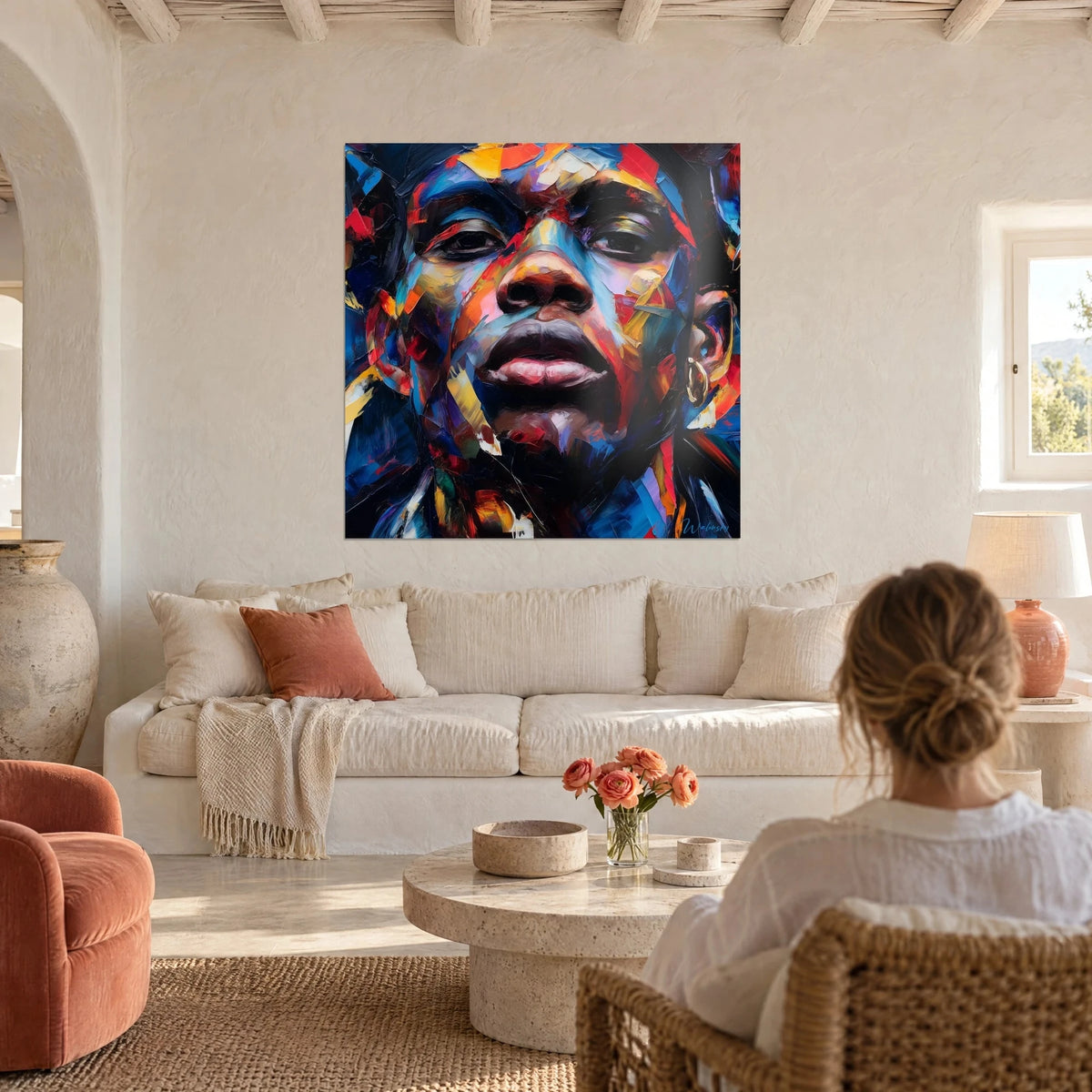 Gemälde Porträt in Spachteltechnik gemalt, leuchtend rote und kobaltblaue Akzente auf einem ernsten Gesicht, über einem Sofa in einem hellen Wohnzimmer