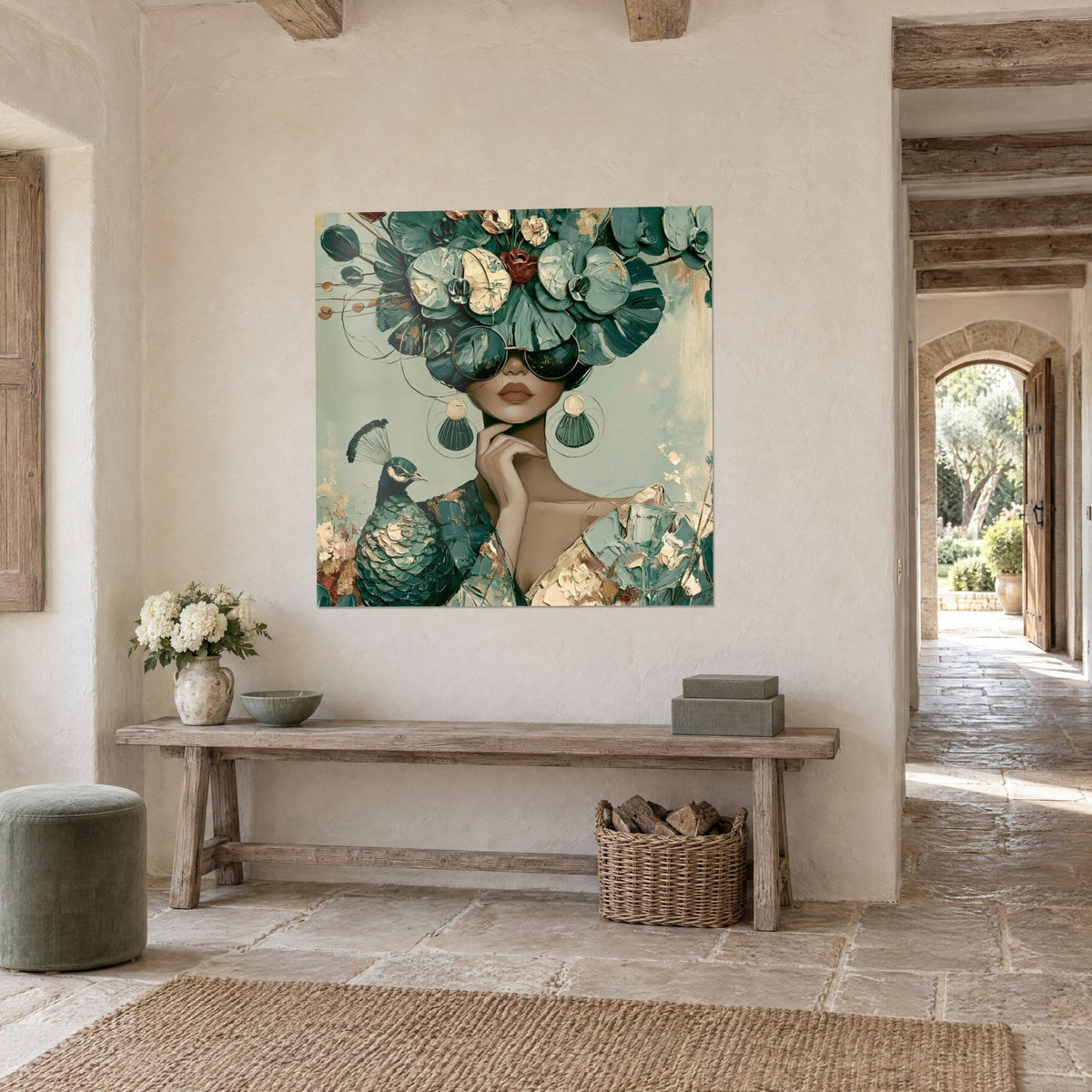 Tableau portrait à lunettes noires sous un chignon de fleurs en relief, boucles d'oreilles crème, trois-quarts d'un couloir en pierre