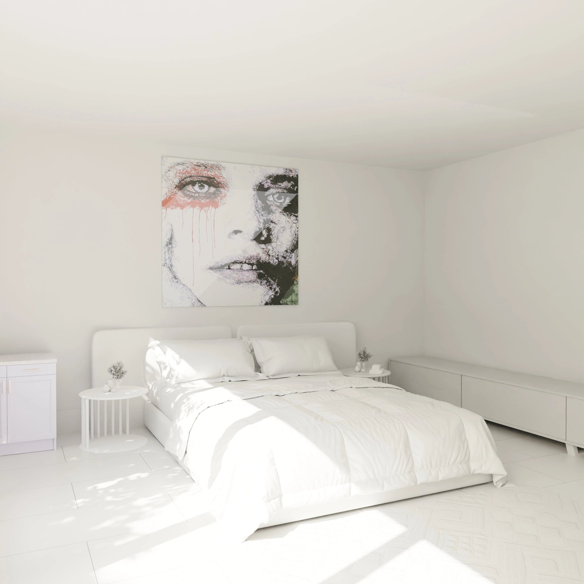 Tableau mural Walensky représentant un grand visage abstrait accroché au dessus d un lit blanc tableau visage masque brisé