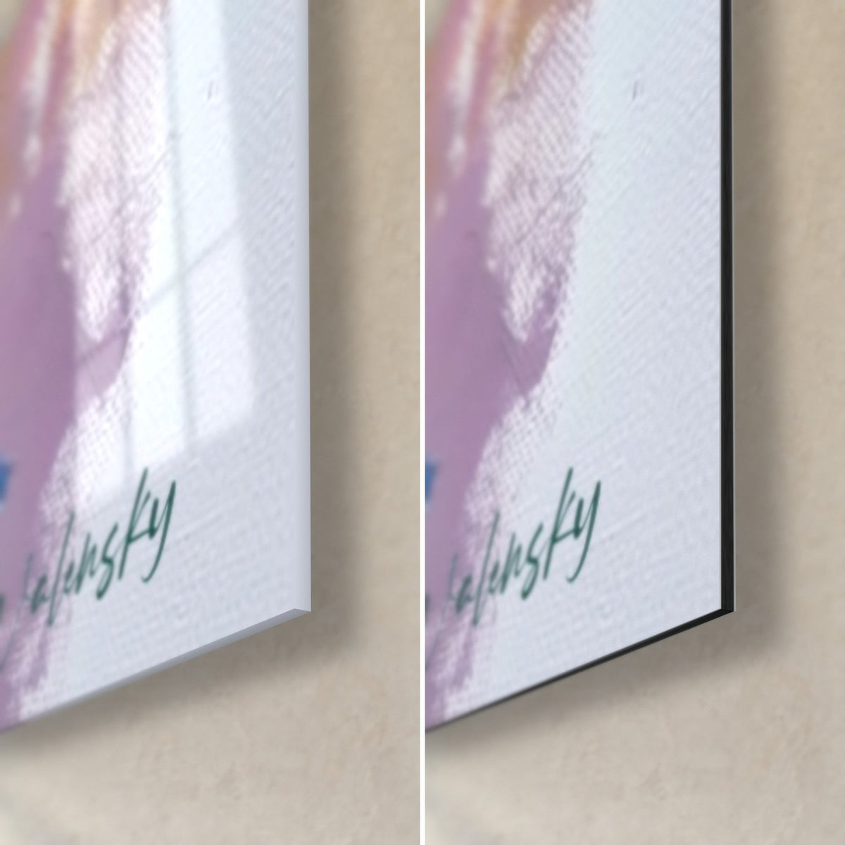Quadro con testa esplosa in schegge colorate, angolo in basso a destra in vetro lucido e Dibond bianco opaco, bordo da 3 mm