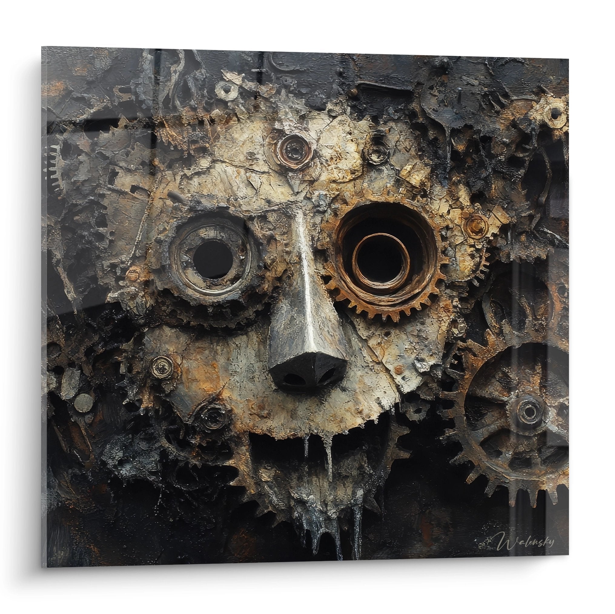 Tableau mural steampunk représentant un visage humain fusionné avec des engrenages et machines industrielles
