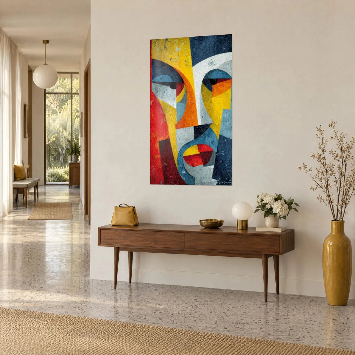 Quadro con volto cubista in campiture piatte arancio, blu notte e bianco, appeso sopra una console in legno, corridoio luminoso