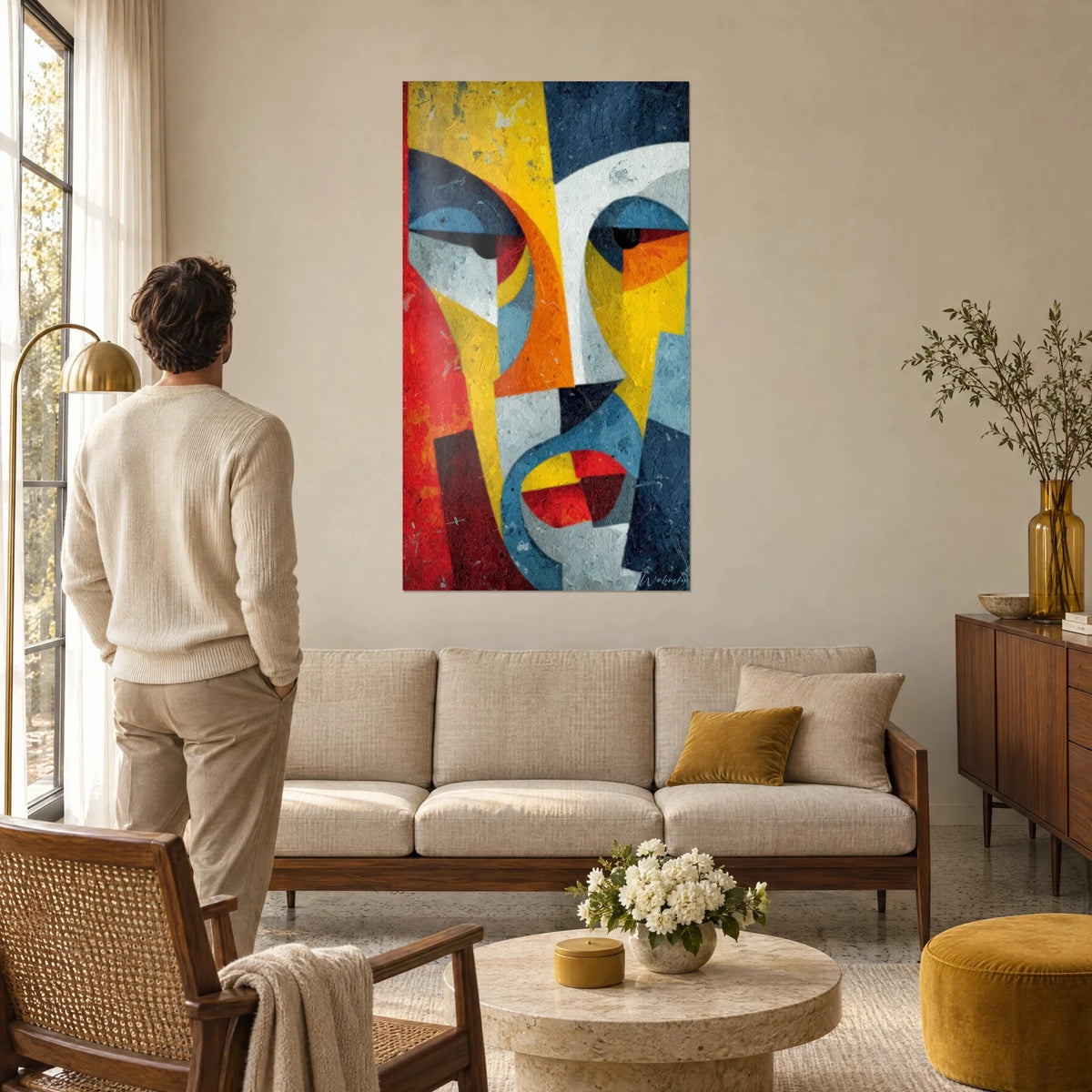 Quadro con maschera africana geometrica in campiture piatte gialle e rosse, un uomo di spalle lo guarda, sopra un divano in un soggiorno luminoso