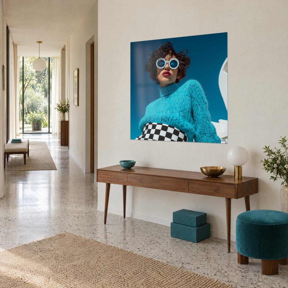 Tableau mannequin aux lèvres rouges, cheveux bruns bouclés au vent, jupe damier noir et blanc, vue de trois-quarts sur console en bois