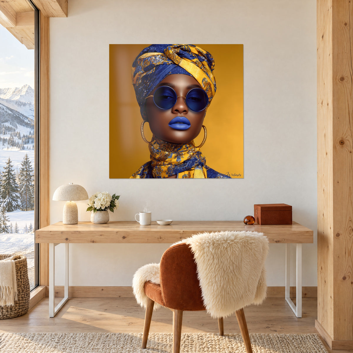 Cuadro icono de la moda con gafas redondas azul eléctrico, aros dorados, pañuelo floral, encima de un escritorio de madera clara