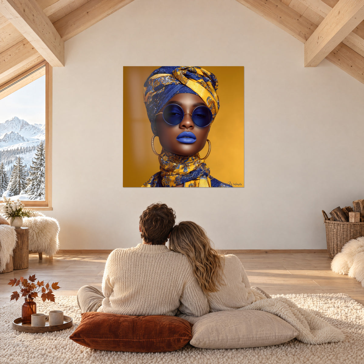 Cuadro belleza con turbante estampado en amarillo y azul real, labios azul ultramar, fondo ámbar, pared blanca de un dormitorio bajo vigas